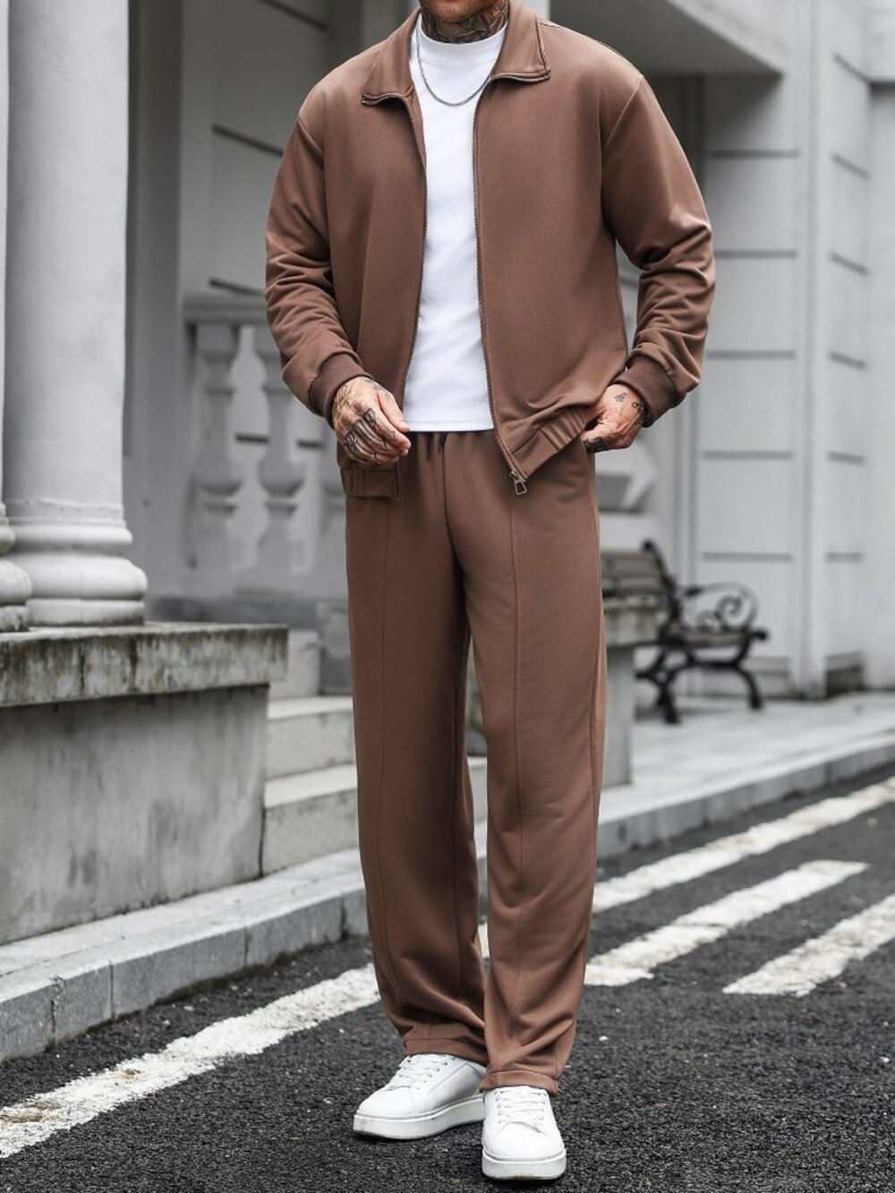 Brown Casual Men's Loose Pocket Zipper Long Sleeve Jacket & Pants Set - Picture 8 of 9